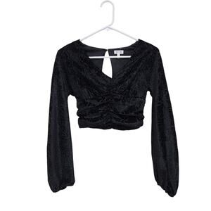 Selfie Textured Velour Black Floral Ruched Long Sleeve Top Size XS